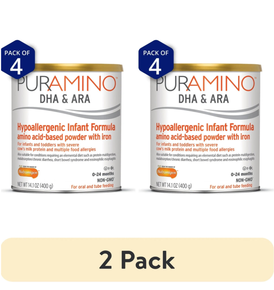 (2 pack) PurAmino Hypoallergenic Infant formula, Omega-3 DHA, Iron, Immune Support, 14.1 Oz Can, (8 count)