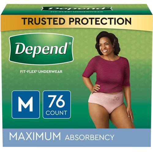 Depend Fit-Flex Incontinence Underwear for Women, Maximum Absorbency, Medium, Blush, 76ct