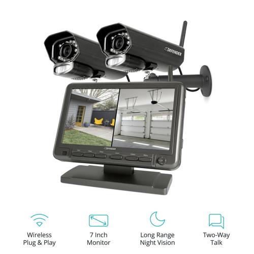 Defender PhoenixM2 Non Wi-Fi. Plug-in Power. Security Camera System with 7 Display Monitor and 2 Long-Range Night Vision Cameras, 32GB SD Card Recording, Plug and Play
