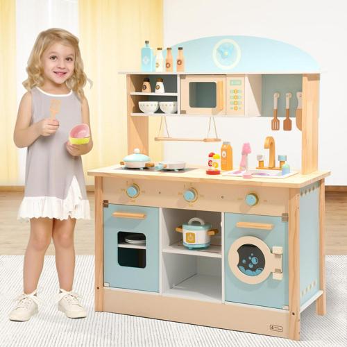 AUKFA Blue Wooden Play Kitchen Set - Kid's Role Playing Cooking Set