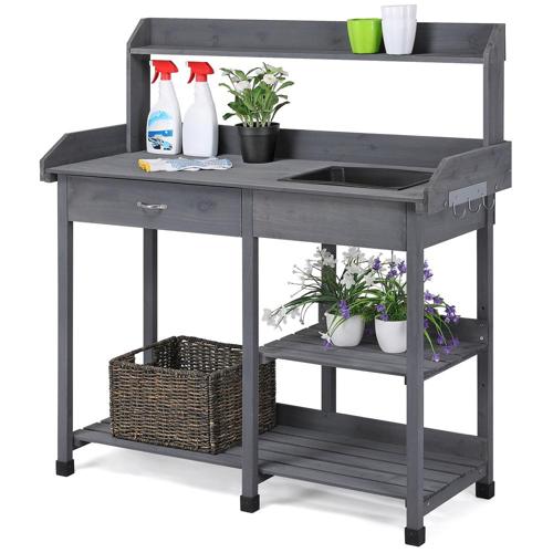 Easyfashion Gray Fir, Wood and Plastic Potting Bench