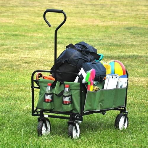 Collapsible Outdoor Utility Wagon, Heavy Duty Folding Garden Portable Hand Cart, with 8 Rubber Wheels and Drink Holder, Suit for Shopping and Park Picnic, Beach Trip and Camping (Green)