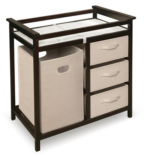 Badger Basket Modern Baby Changing Table with Hamper and 3 Baskets, Espresso, Includes Pad