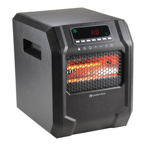 Comfort Zone 750/1,500-Watt Digital Quartz Infrared Cabinet Space Heater with Remote Control, 12-Hour Timer, Digital Display, Overheat Protection, and Safety Tip-Over Switch, Black
