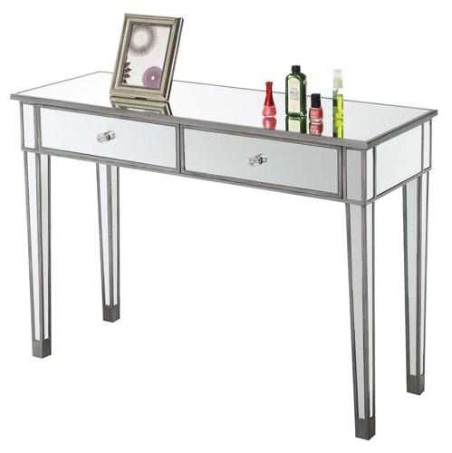 Convenience Concepts Gold Coast Mirrored 2 Drawer Desk, Console, Vanity, Antique Silver/Mirror