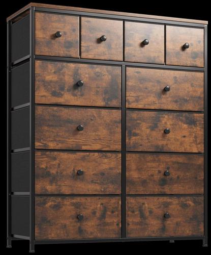EnHomee Dresser for Bedroom Chest of Drawer Fabric Drawer Dresser Tall Dresser Big Storage Dresser Tower with 12 Fabric Bins Wood Top and Metal Frame for Closet Entryway Living Room Office Rustic Brow