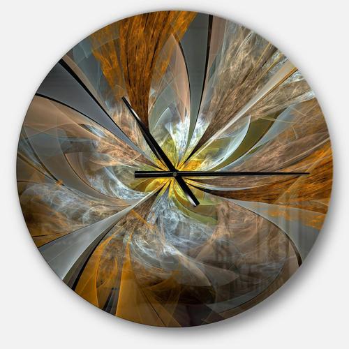 Designart 'Symmetrical Yellow Fractal Flower' Metal Wall Clock