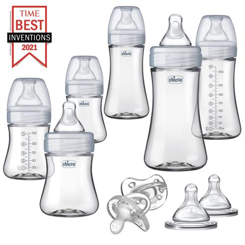 Chicco Duo Deluxe Hybrid Baby Bottle Gift Set with Invinci-Glass Inside/Plastic Outside in Clear/Grey