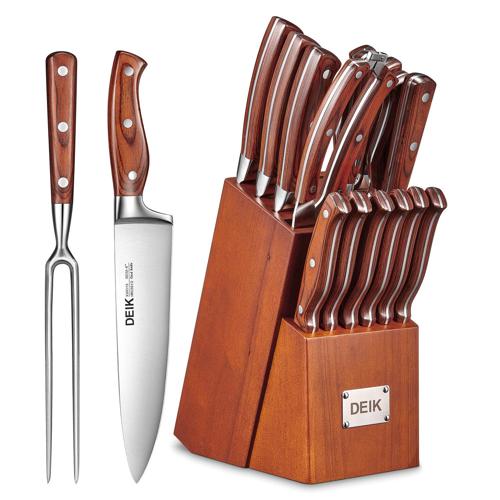 Deik Knife Sets for Kitchen with block, Chef Knife Set 16 Pcs with Boning Knife and Carving Fork, Knife Block Set with German Stainless Steel and Full-Tang