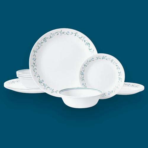 CorelleA Country Cottage, White and Blue, 12 Piece, Dinnerware Set