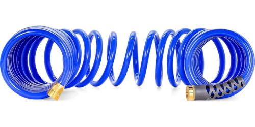 Camco 40 Coiled Water Hose Rust Resistant Brass Hose Fittings, Hose Design Prevents Kinking and Tangling, Great for Car Washing and Gardening (41985)