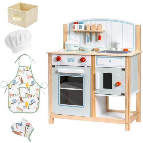 Aukfa Kitchen Playset - Wooden Pretend Play Kitchen Set for Kids Toddlers - Blue